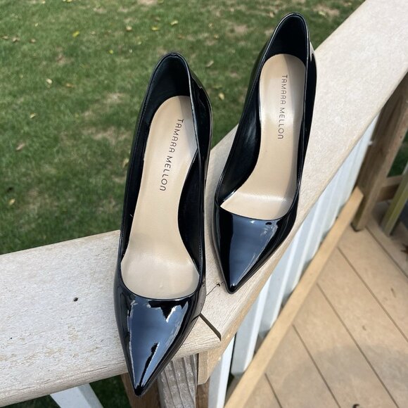 Tamara Mellon Black Patent Leather Pointy Toe 4” Stiletto Heels - Picture 2 of 6